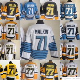 Film CCM Vintage ijshockey 71 Evgeni Malkin Jerseys 77 Paul Coffey 7 Joe Mullen Heren borduurshirt Wit Zwart Geel Blauw 41