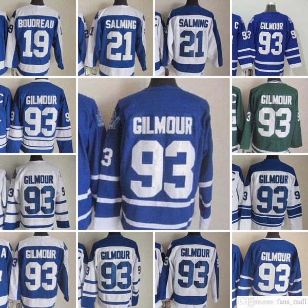 Film CCM Vintage Hockey sur glace 93 Doug Gilmour Maillots 21 Borje Salming 19 Bruce Boudreau Hommes Broderie Jersey Blanc Bleu Vert