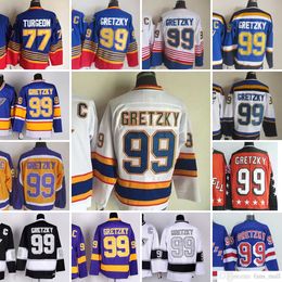 Película CCM Vintage Hockey sobre hielo 99 Wayne Gretzky Jerseys 77 Pierre Turgeon Hombres Bordado Jersey Negro 1995 1996 Azul Blanco