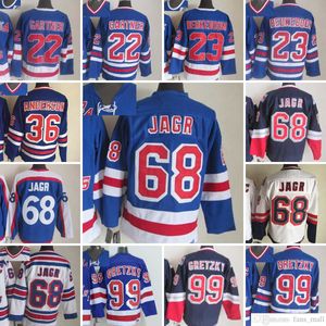 Film CCM Vintage IJshockey 99 Wayne Gretzky Jerseys 22 Mike Gartner 23 Jeff Beukeboom 68 Jaromir Jagr 36 Glenn Anderson Men Embroidery Jersey Blauw Wit