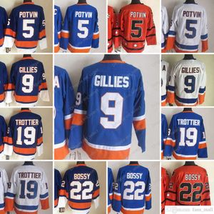 Film CCM Vintage Hockey sur glace''nHl'' 5 Denis Potvin Jerseys 9 Clark Gillies 19 Bryan Trottier 22 Mike Bossy Hommes Jersey Broderie Bleu Orange Blanc