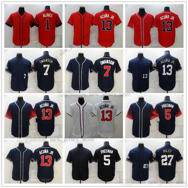 Película El béisbol universitario viste camisetas Local visitante 1Albies 5Freeman 7Swanson 13 AcunaJr. 27Navy 44Aaron 54Fried Slap All Stitched Away Transpirable Sport Oferta alta