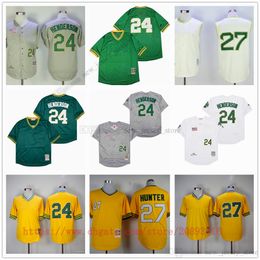 Film Vintage Baseball Jerseys porte Jersey cousu 24 GreenPullover 27 CatfishHunter tous cousus nom numéro loin respirant Sport vente maillots de haute qualité