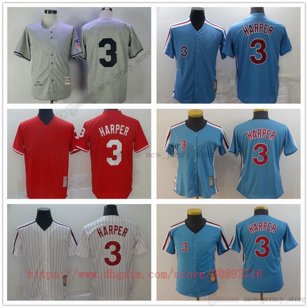 Film Vintage Baseball Jerseys porte cousu 3 BryceHarper tous cousus nom numéro respirant sport jeunesse femmes vente maillot de haute qualité