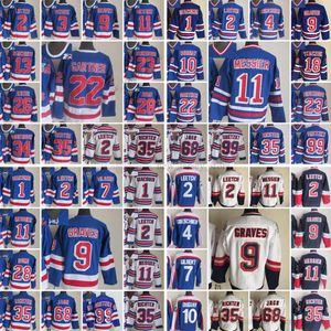 1926-1999 Película Retro CCM Hockey Jersey cosido 1Giacomin 2Leetch 4Greschner 7Gilbert 9Graves 10Duguay 11Messier 35Richter 99Gretzky 68Jagr Vintage Jerseys