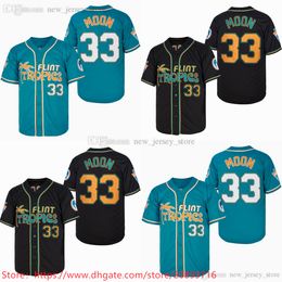 Película Flint Tropics Béisbol 33 JACKIE MOON Jersey personalizado S-6XL Hombre Mujer Juventud Vintage Cosido Transpirable Deporte Verde Negro Camisas Niños Niños Cualquier nombre de número