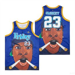 Film Friday 23 Smokey Basketball Jerseys Homme Rétro Pull Respirant Lycée Collège HipHop Pur Coton Sport Chemise Équipe Bleu Couleur Cousu Retraite Uniforme