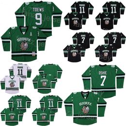 Película Hockey College 11 Zach Parise Jersey Dakota del Norte Fighting Sioux 9 Jonathan Toews University Todo cosido Verde Negro Color del equipo Jersey en blanco Retro Hombres