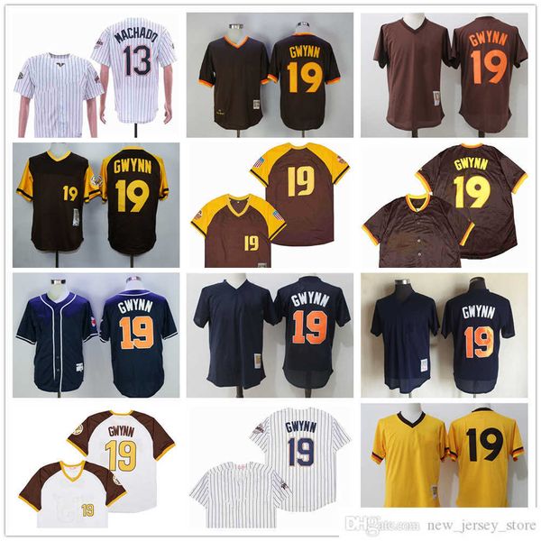 Película Vintage 19 Tony Gwynn Camisetas de béisbol cosidas 13 Manny Machado Jersey Transpirable Deporte Blanco Azul marino 1982 Marrón amarillo Jersey