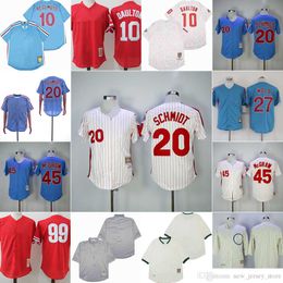 Film Vintage 20 Maillots de baseball Mike Schmidt cousus 10 Darren Daulton 45 Tug McGraw 10 J.T.Realmuto 27 Aaron Nola 1983 Bleu Blanc Rouge Pull