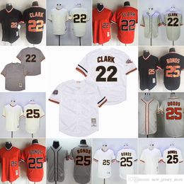 Film Vintage 22 Will Clark honkbalshirts gestikt 25 Barry Bonds 47 Johnny Cueto 43 Dave Dravecky 1989 wit grijs oranje zwarte trui