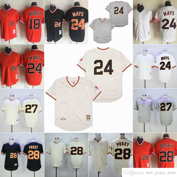 Film Vintage 24 Willie Mays Baseball Jerseys cousus 28 Buster Posey 27 Juan Marichal 18 Duane Kuiper Blanc Gris 1962 Noir Orange Pull