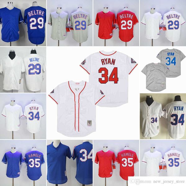 Película Vintage 29 Adrian Beltre Jerseys de béisbol cosidos 34 Nolan Ryan 35 Cole Hamels Crema Gris Blanco Azul Rojo Jersey en blanco