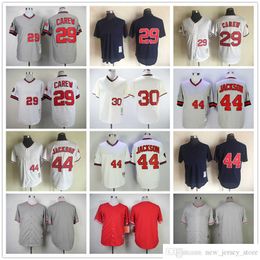 Película Vintage 29 Rod Carew Jerseys de béisbol cosidos 44 Reggie Jackson 30 Nolan Ryan Jersey Transpirable Deporte Negro Rojo Blanco Jersey blanco