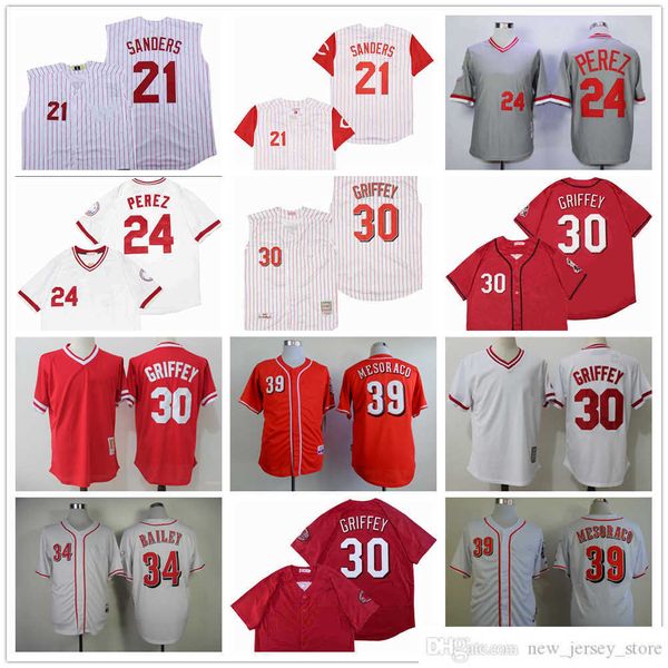 Film Vintage 30 Ken Griffey Jr Baseball Jerseys cousus 21 Deion Sanders 24 Tony Perez 39 Devin Mesoraco 34 Homer Bailey Jersey