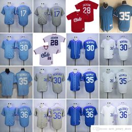 Film Vintage 30 Yordano Ventura honkbalshirts gestikt 35 Eric Hosmer 36 Edinson Volquez 17 Wade Davis 28 Bo Jackson Jersey blauwe trui