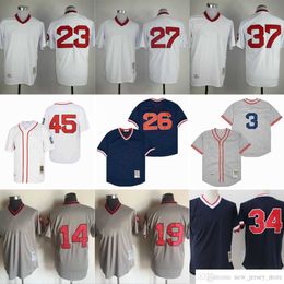 Film Vintage 34 David Ortiz honkbalshirts gestikt 26 Wade Boggs 14 Jim Rice Jersey ademend sport marineblauw trui wit grijs