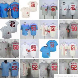 Film Vintage 45 Bob Gibson Baseball Jerseys cousus 50 Adam Wainwright 52 Michael Wacha 51 Willie McGee 1964 Crème 1967 Gris Blanc Pull