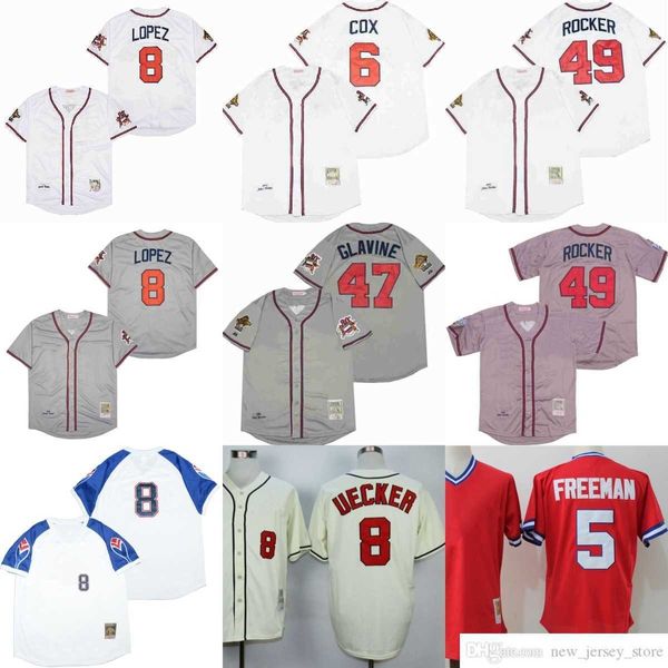 Film Vintage 6 Bobby Cox Maillots de baseball cousus 8 Javy Lopez Bob Uecker 47 Tom Glavine 5 Freddie Freeman 49 John Rocker Jersey Sport respirant