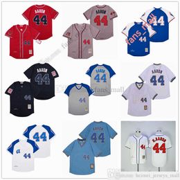 Film Mitchell et Ness Baseball Jersey Vintage 44 Hank Aaron Jersey Cousu Respirant Sport Vente Haute Qualité Homme Bleu Blanc Rouge Gris