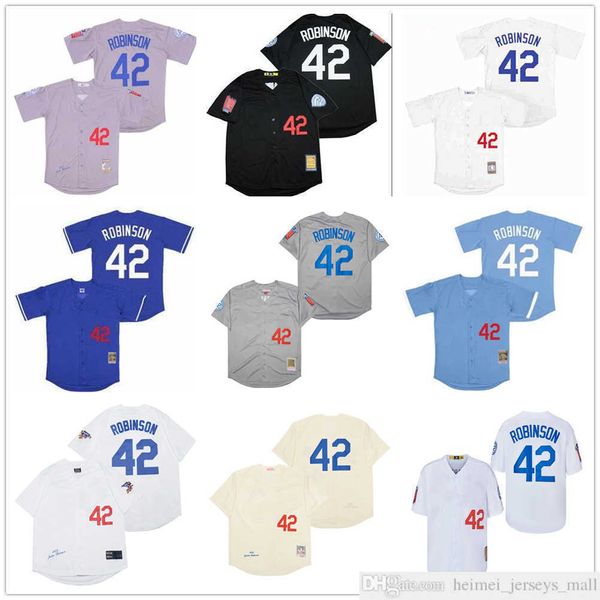 Film Mitchell et Ness Baseball Jersey Vintage 42 Jackie Robinson Jersey Cousu Respirant Sport Vente Haute Qualité Homme Noir Crème Gris