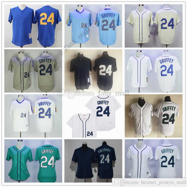 Film Mitchell et Ness Baseball Jersey Vintage 24 Ken Griffey Jersey Cousu Respirant Sport Vente Haute Qualité Hommes Gris Bleu Marine Blanc