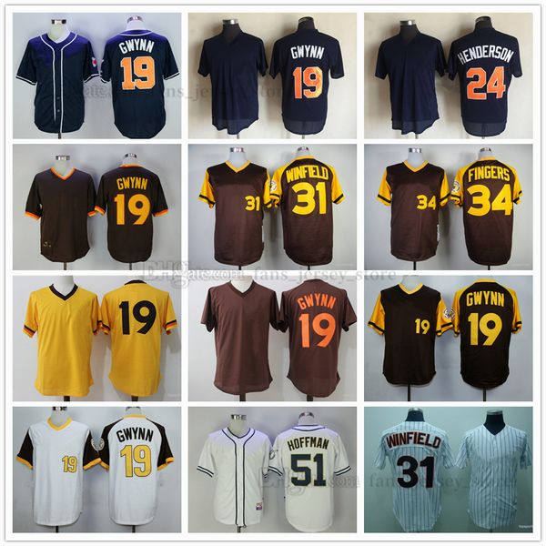 Camisetas de béisbol de la película 19 Tony Gwynn 24 Rickey Henderson 31 Dave Winfield 34 Rollie Fingers 51 Trevor Hoffman 1998 Jersey cosido