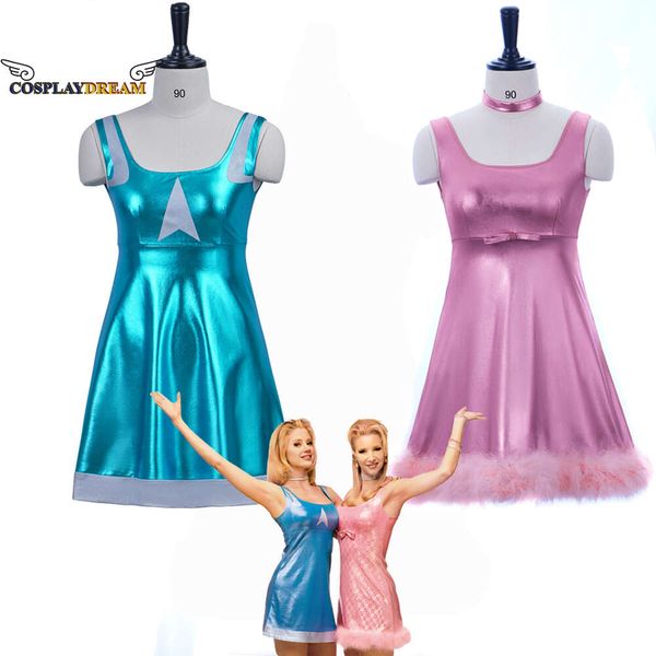 Film Romy et Michele's High School Reunion Cosplay Romy Blue Dress Michele Pink Dress Sister Outfit Sexy Jarretelles Jupe SuitCosplay