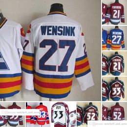 Película Vintage Hockey 21 Peter Forsberg Jerseys CCM Bordado 27 John Wensink 33 Patrick Roy 52 Adam Foote Jersey Azul Rojo Blanco Hombres