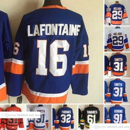 Film Vintage Hockey 31 Maillots Billy Smith Broderie CCM 29 Brock Nelson 32 Steve Thomas 91 John Tavares 16 Maillot Pat LaFontaine Bleu Orange Blanc