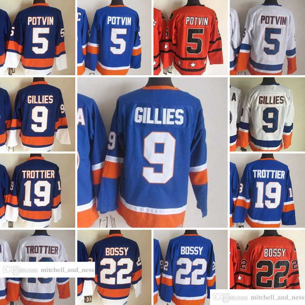 Film Vintage Hockey 5 Maillots Denis Potvin Broderie CCM 9 Clark Gillies 19 Bryan Trottier 22 Maillot Mike Bossy Bleu Orange Blanc