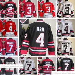 Film Vintage Hockey 7 Maillots BrentSeabrook Broderie CCM 3 Pierre Pilote 4 Bobby Orr 2 Duncan Keith 7 ChrisChelios 24 Maillot Martin Havlat Noir Rouge Blanc Hommes