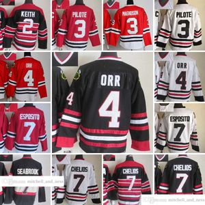 Película Vintage Hockey 7 BrentSeabrook Jerseys CCM Bordado 3 Pierre Pilote 4 Bobby Orr 2 Duncan Keith 7 ChrisChelios 24 Martin Havlat Jersey Negro Rojo Blanco Hombres