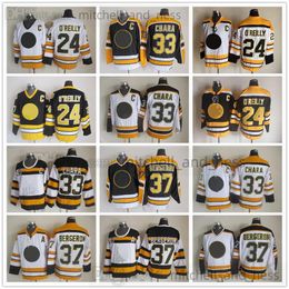 Film vintage hockey jersey retro ccm borduurwerk 37 Patrice Bergeron jersey 33 zdeno chara 30 tim thomas 24 Terry O'Reilly White Black Yellow Jerseys