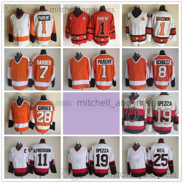 1 Bernie Parent All-Satr Movie Vintage Hockey Jersey Retro CCM Embroidery 7 Bill Barber 8 Dave Schultz 28 Claude Giroux 11 Daniel Alfredsson 19 Jason Spezza Chris Neil