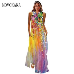 MOVOKAKA printemps été imprimer longue robe femmes plage vacances décontracté mode robes élégantes fête sans manches col en V Maxi 220418