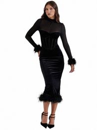 Mozisi Elegante Veer Sexy Midi Dr Voor Vrouwen Zwart Fi Sheer Lg Mouw Backl Bodyc Club Party Lg Dr d2OP #