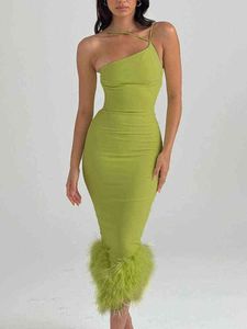 Mozision Elegante Een Schouder Veer Bodem Midi Jurk Voor Vrouwen Gewaad Zomer Nieuwe Mouwloze Bodycon Lange Jurk Clubwear T220819