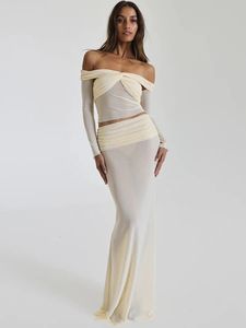 Mozision mode rok tweedelige set voor vrouwen offshoulder pure crop tops met lange mouwen en sexy sets 240411