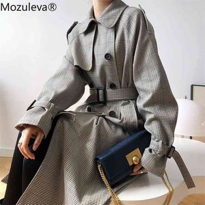 Mozuleva Herfst Houndstooth Lange Trench Coat Dames Dubbele Breasted Slanke taille met riem Vrouwelijke uitloper Windbreaker 210914