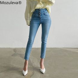 Mozuleva otoño Vintage de una sola botonadura de las mujeres pantalones vaqueros de mezclilla de cintura alta pantalones elásticos Capris Mujer Streetwear pantalones vaqueros 201105