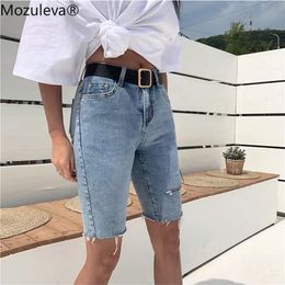 Mozuleva Casual Stretch High Taille Blue Destroy gescheurde denim shorts 2020 zomer dames zakken kwast Midi shorts jeans voor vrouwen T200701
