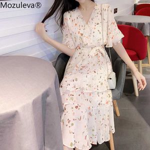 Mozuleva elegante v-hals zoete vrouwen jurk volledige mouw elastische taille vrouwelijke chiffon jurk zomer midi vestidos cupcake jurk 210706