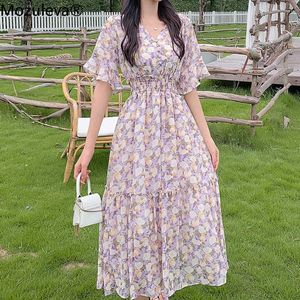 Mozuleva bloem print feestjurk vrouwen elegante v-hals lange mouw lange chiffon jurk zomer paars bohemen sundress femme 210706