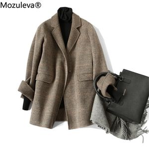 Mozuleva laine cousue à la main double face manteau en peluche manteau à carreaux simple boutonnage décontracté manteau de laine de cachemire femmes femme 201221