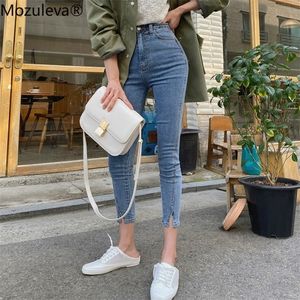 Mozuleva cintura alta Stretch Skinny mujeres Jeans pantalones Split Cuff femenino lápiz Jeans mujeres Streetwear Denim Jeans pantalones T200608