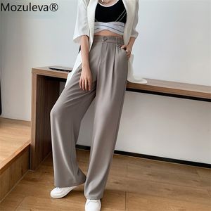 Mozuleva lente zomer losse brede been broek vrouwelijke causale elastische hoge taille vrouwen pak broek dames solide pantalon 210721