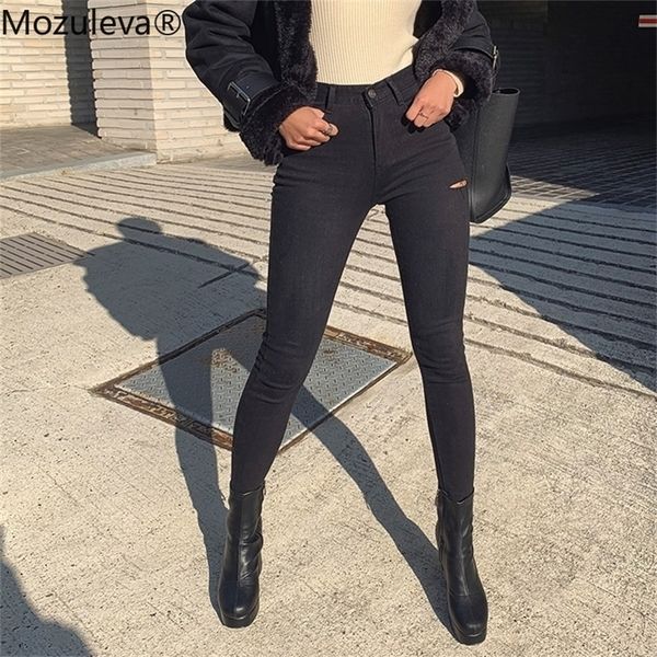 Mozuleva Invierno Todo-fósforo Cintura alta Mujeres delgadas Lápiz Jeans Agujeros rasgados Jeans ajustados Pantalones negros Pantalones largos femeninos 210302