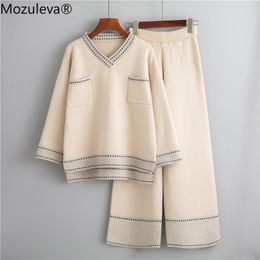 Mozuleva Winter Loose Punto de punto Conjunto de 2 piezas Mujer Chándal Otoño Piernas anchas Pantalón Traje Jerseys Suéter Conjunto Traje de punto 211126