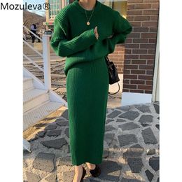 Mozuleva, conjunto de 2 piezas de punto para mujer, jersey verde con cuello redondo para mujer de oficina + faldas ajustadas de cintura alta, conjuntos de suéter, 211119